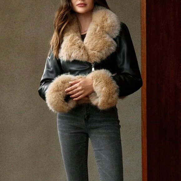 Black Casual Women's Faux leather Faux Fur Coat - Picture 6 of 7